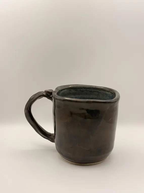 Brown Mug with Blue Interior and Thumb Rest by Jo Handmade